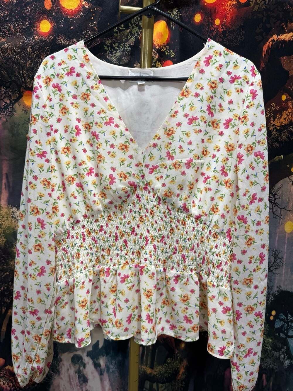 Love Tree Ditsy Floral Smocked V Neck Peplum Blouse Top XL